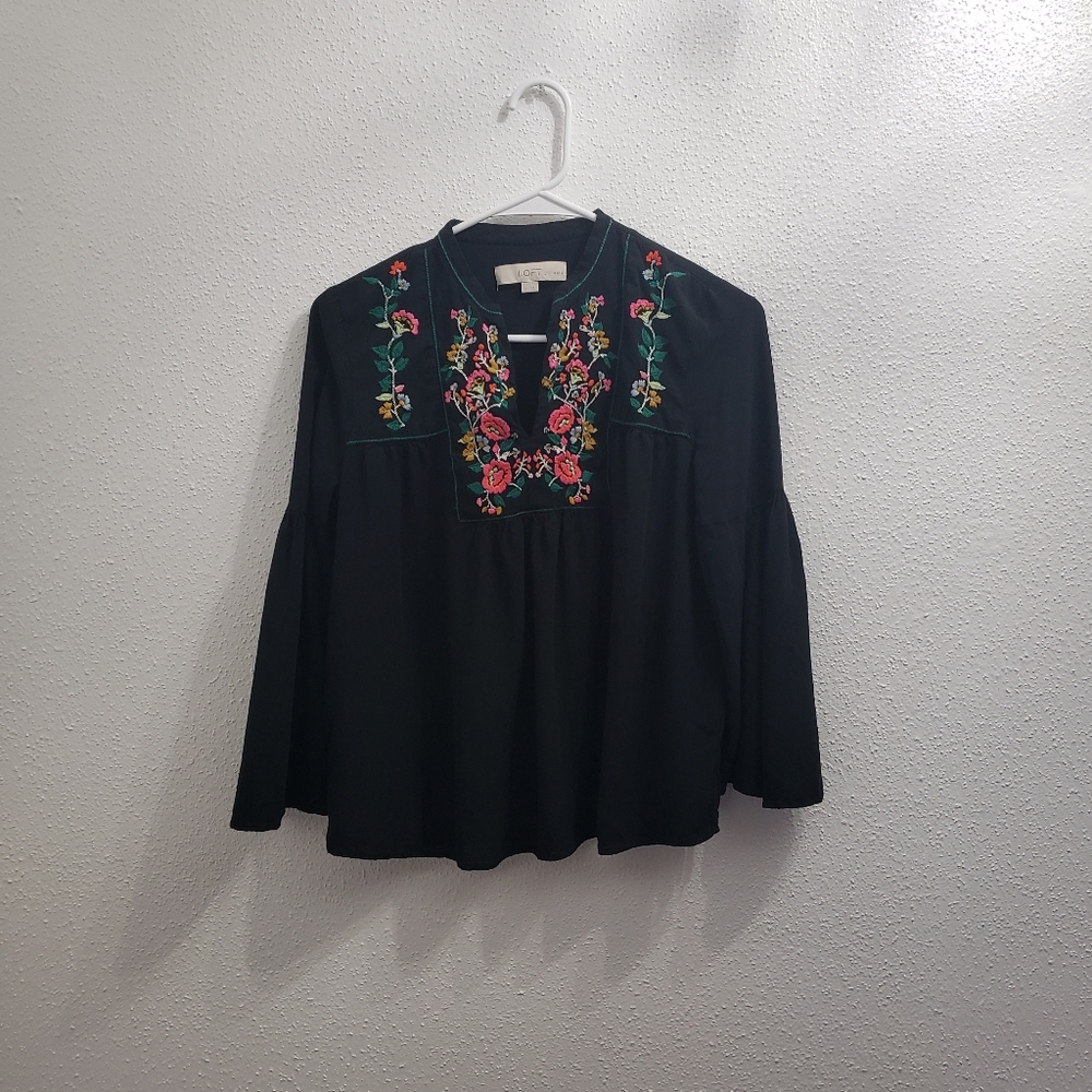 LOFT Black Vine Floral Embroidered Bell Sleeve Peasant Blouse - Size S